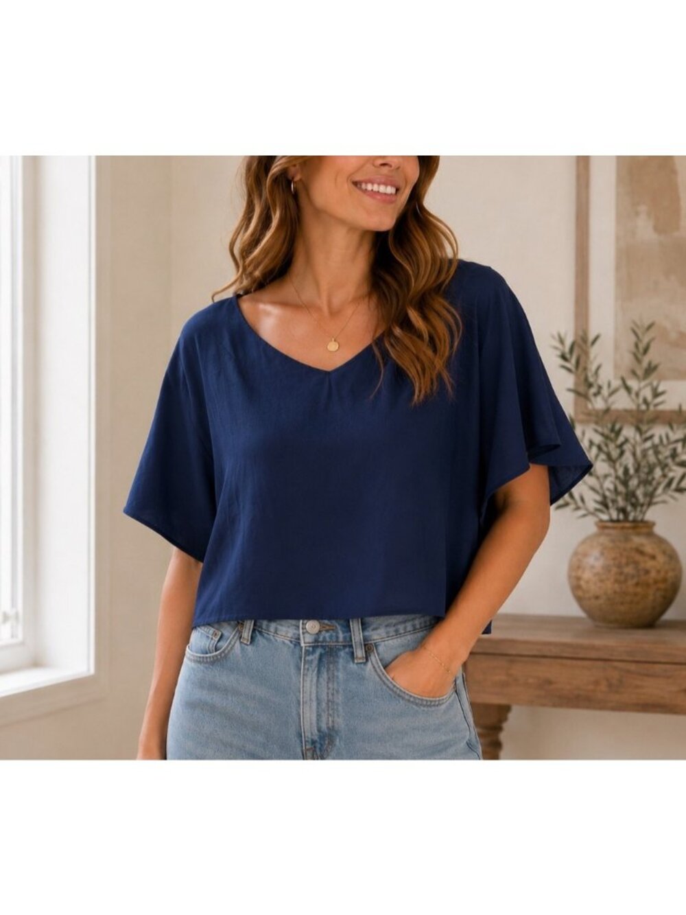 Vintage Navy Silk Blouse Boxy Fit Minimalist Draped Sleeve Blouse